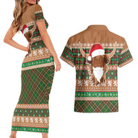 Scottish Christmas Couples Matching Short Sleeve Bodycon Dress and Hawaiian Shirt Highland Cattle-Xmas Tartan Stripes Style Brown Color - Wonder Print Shop
