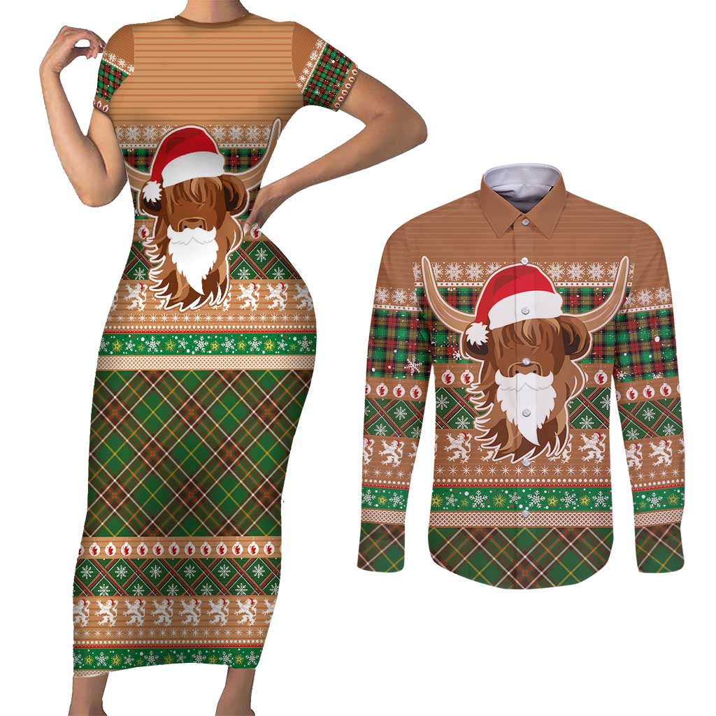 Scottish Christmas Couples Matching Short Sleeve Bodycon Dress and Long Sleeve Button Shirt Highland Cattle-Xmas Tartan Stripes Style Brown Color - Wonder Print Shop