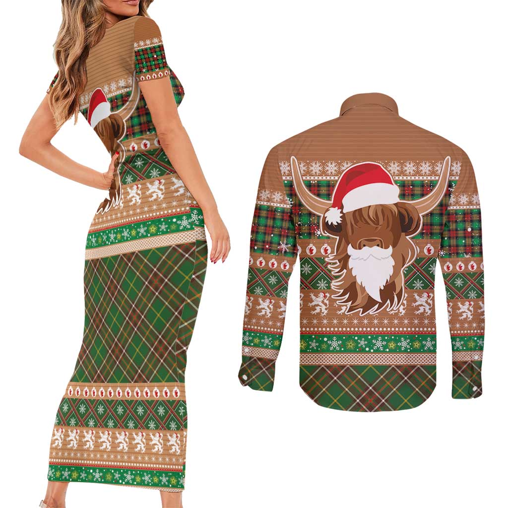 Scottish Christmas Couples Matching Short Sleeve Bodycon Dress and Long Sleeve Button Shirt Highland Cattle-Xmas Tartan Stripes Style Brown Color - Wonder Print Shop