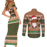 Scottish Christmas Couples Matching Short Sleeve Bodycon Dress and Long Sleeve Button Shirt Highland Cattle-Xmas Tartan Stripes Style Brown Color - Wonder Print Shop