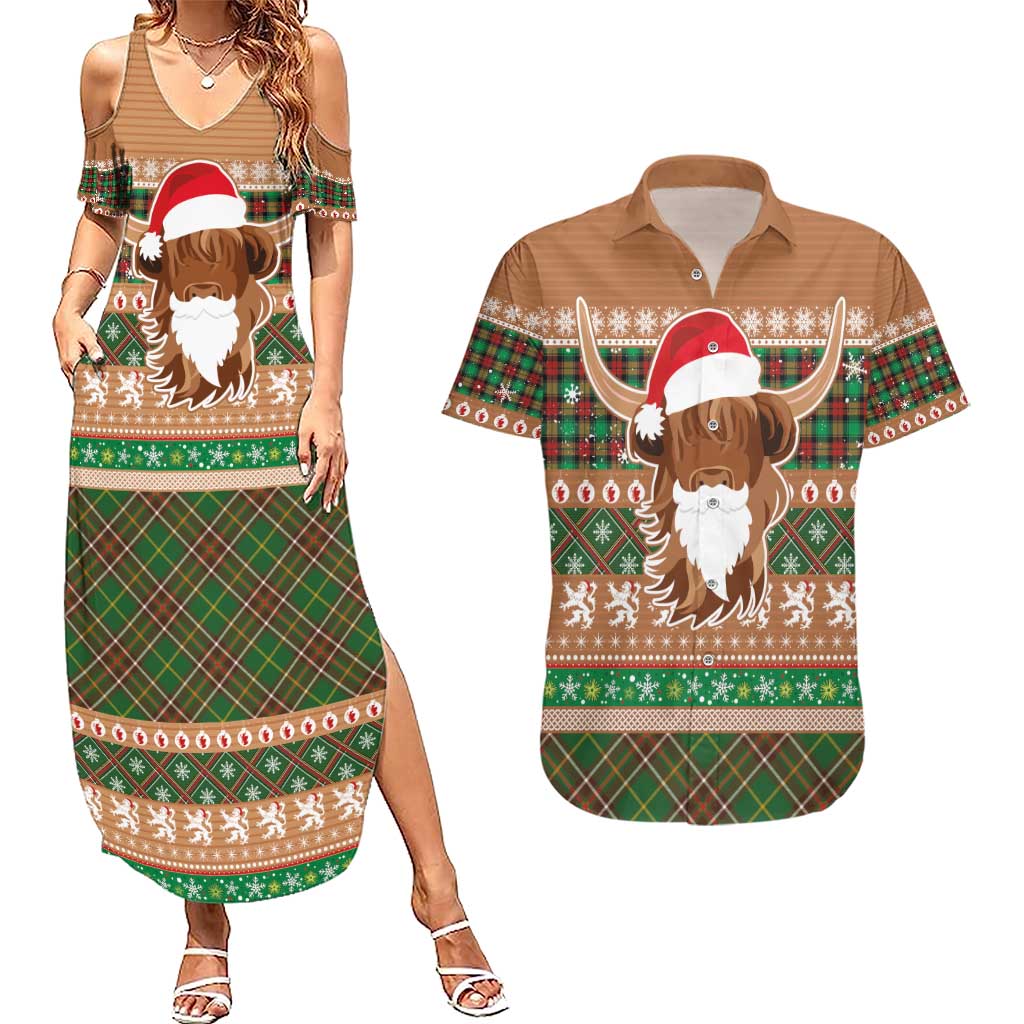 Scottish Christmas Couples Matching Summer Maxi Dress and Hawaiian Shirt Highland Cattle-Xmas Tartan Stripes Style Brown Color - Wonder Print Shop