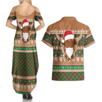 Scottish Christmas Couples Matching Summer Maxi Dress and Hawaiian Shirt Highland Cattle-Xmas Tartan Stripes Style Brown Color - Wonder Print Shop