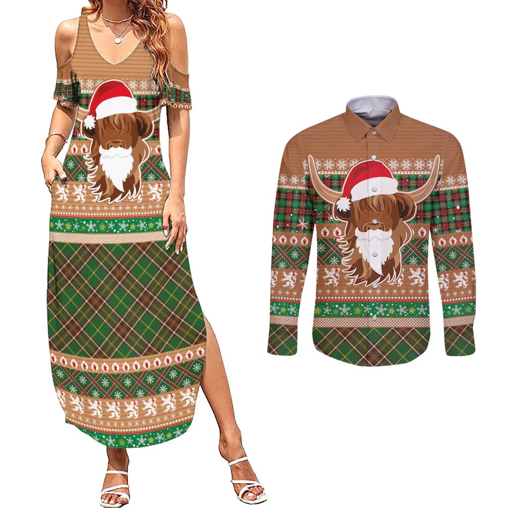 Scottish Christmas Couples Matching Summer Maxi Dress and Long Sleeve Button Shirt Highland Cattle-Xmas Tartan Stripes Style Brown Color - Wonder Print Shop