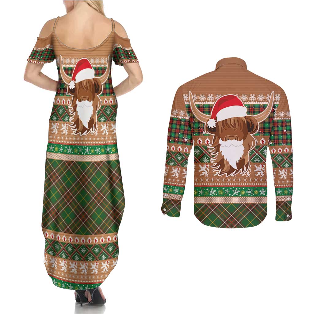 Scottish Christmas Couples Matching Summer Maxi Dress and Long Sleeve Button Shirt Highland Cattle-Xmas Tartan Stripes Style Brown Color - Wonder Print Shop