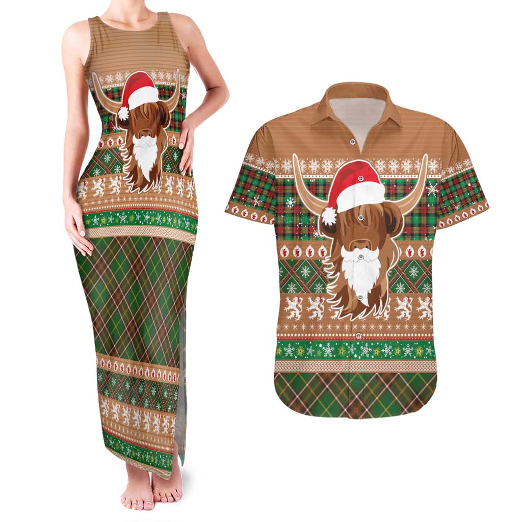 Scottish Christmas Couples Matching Tank Maxi Dress and Hawaiian Shirt Highland Cattle-Xmas Tartan Stripes Style Brown Color - Wonder Print Shop