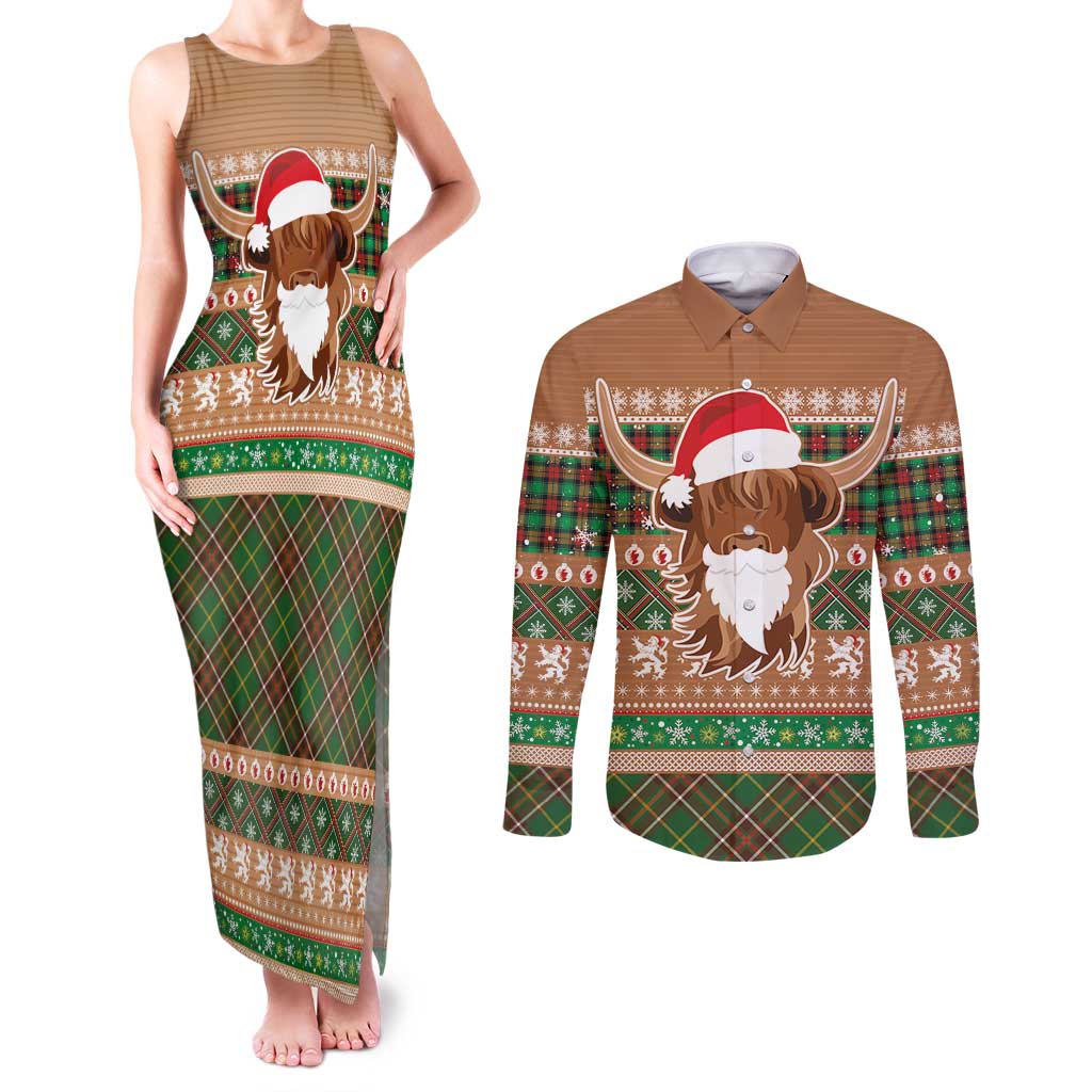 Scottish Christmas Couples Matching Tank Maxi Dress and Long Sleeve Button Shirt Highland Cattle-Xmas Tartan Stripes Style Brown Color - Wonder Print Shop