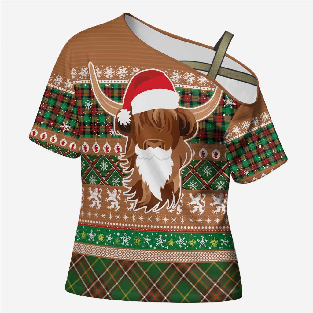Scottish Christmas Cross Shoulder Shirt Highland Cattle-Xmas Tartan Stripes Style Brown Color - Wonder Print Shop