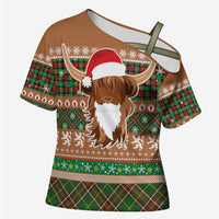 Scottish Christmas Cross Shoulder Shirt Highland Cattle-Xmas Tartan Stripes Style Brown Color - Wonder Print Shop