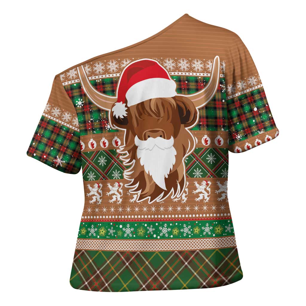 Scottish Christmas Cross Shoulder Shirt Highland Cattle-Xmas Tartan Stripes Style Brown Color - Wonder Print Shop