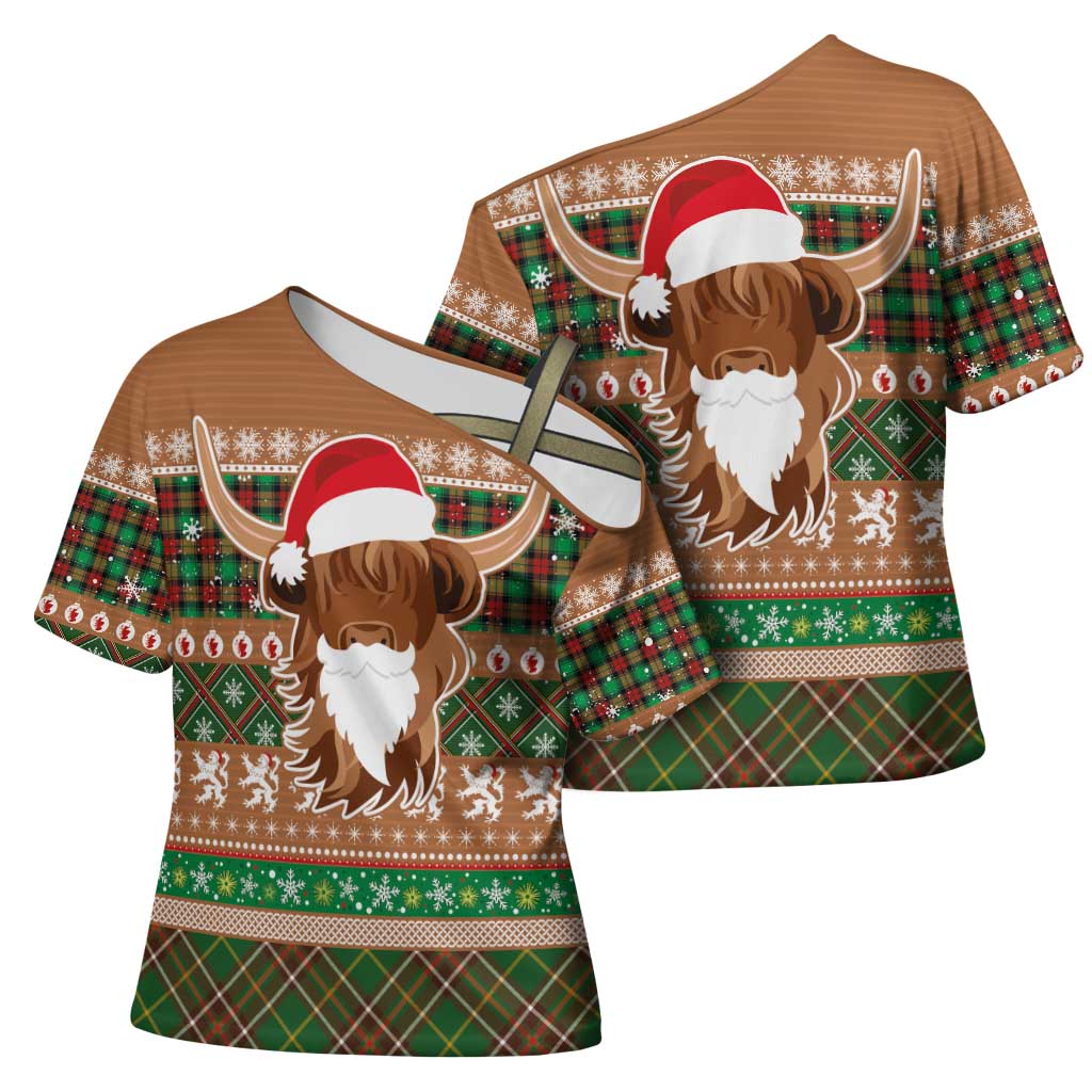 Scottish Christmas Cross Shoulder Shirt Highland Cattle-Xmas Tartan Stripes Style Brown Color - Wonder Print Shop