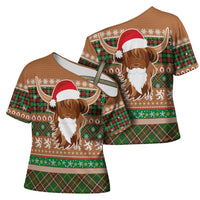 Scottish Christmas Cross Shoulder Shirt Highland Cattle-Xmas Tartan Stripes Style Brown Color - Wonder Print Shop