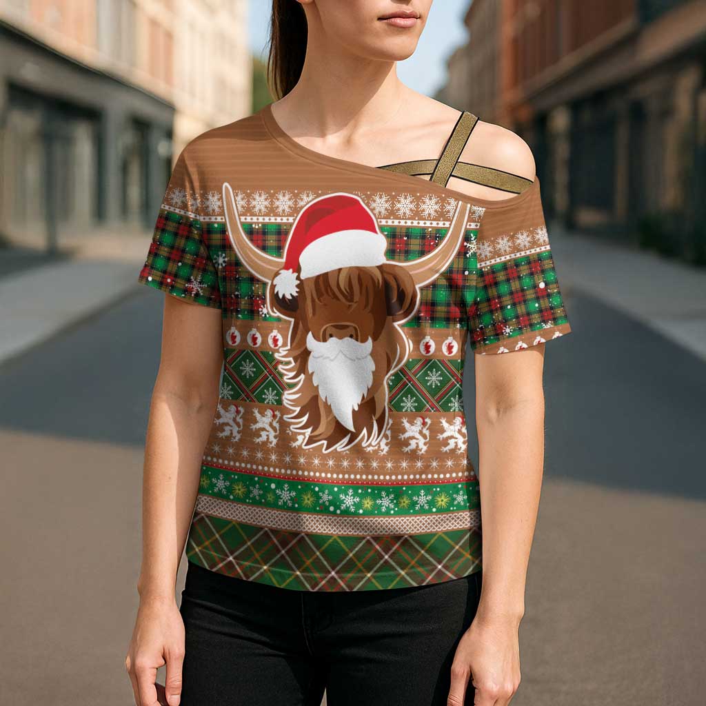 Scottish Christmas Cross Shoulder Shirt Highland Cattle-Xmas Tartan Stripes Style Brown Color - Wonder Print Shop