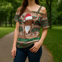 Scottish Christmas Cross Shoulder Shirt Highland Cattle-Xmas Tartan Stripes Style Brown Color - Wonder Print Shop