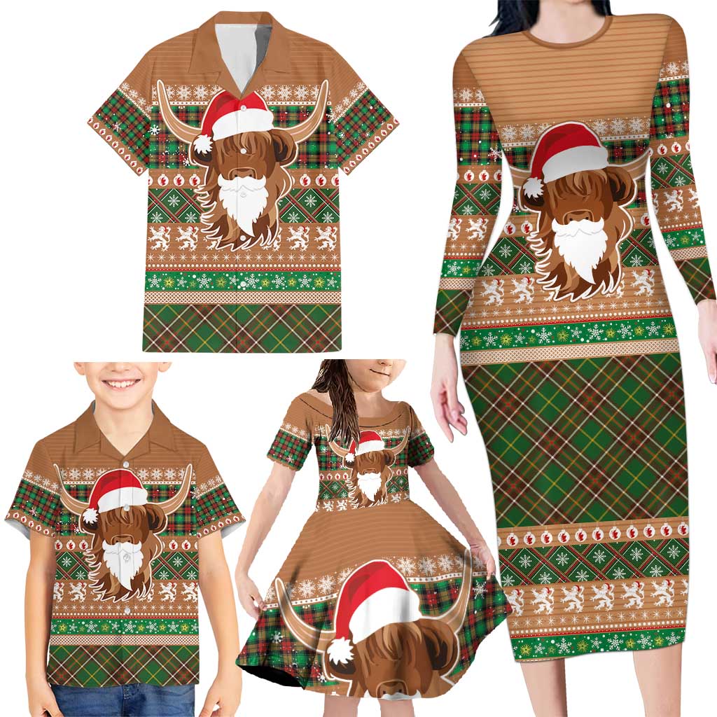 Scottish Christmas Family Matching Long Sleeve Bodycon Dress and Hawaiian Shirt Highland Cattle-Xmas Tartan Stripes Style Brown Color - Wonder Print Shop