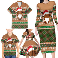 Scottish Christmas Family Matching Long Sleeve Bodycon Dress and Hawaiian Shirt Highland Cattle-Xmas Tartan Stripes Style Brown Color - Wonder Print Shop