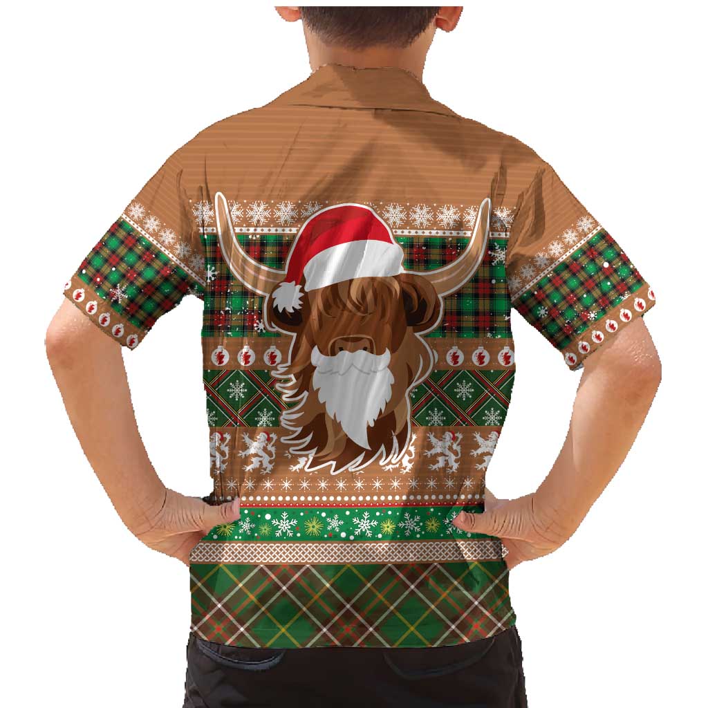 Scottish Christmas Family Matching Mermaid Dress and Hawaiian Shirt Highland Cattle-Xmas Tartan Stripes Style Brown Color - Wonder Print Shop