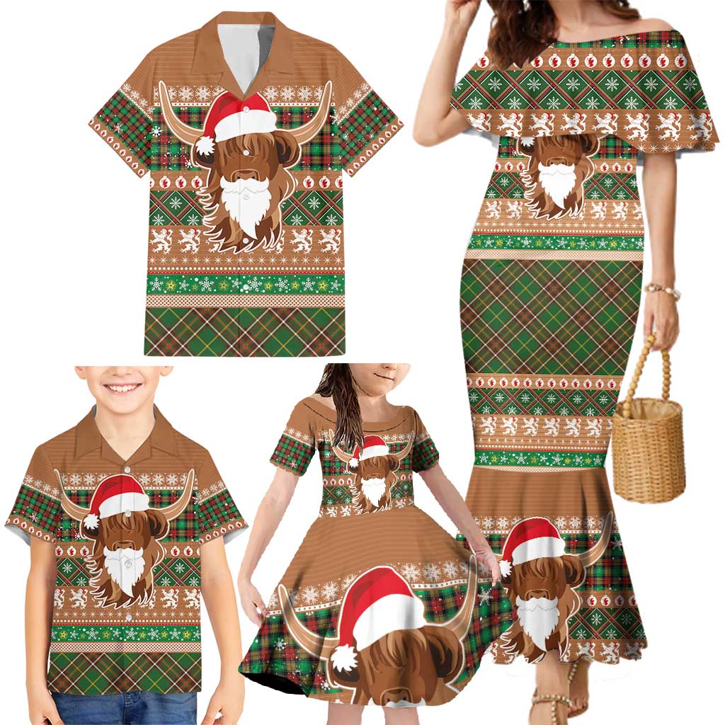 Scottish Christmas Family Matching Mermaid Dress and Hawaiian Shirt Highland Cattle-Xmas Tartan Stripes Style Brown Color - Wonder Print Shop