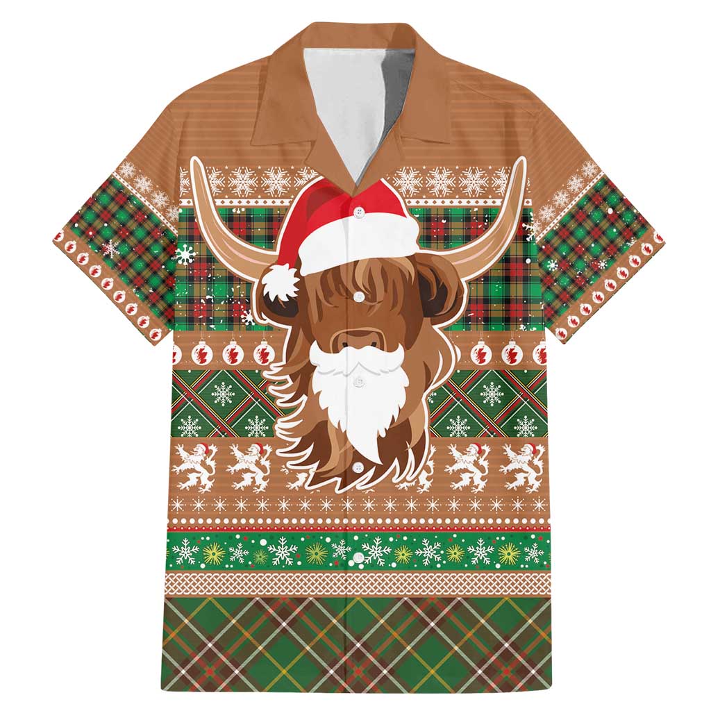 Scottish Christmas Family Matching Mermaid Dress and Hawaiian Shirt Highland Cattle-Xmas Tartan Stripes Style Brown Color - Wonder Print Shop