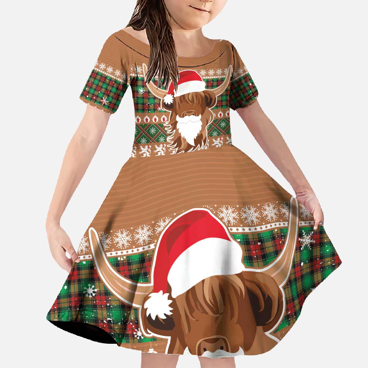 Scottish Christmas Family Matching Off The Shoulder Long Sleeve Dress and Hawaiian Shirt Highland Cattle-Xmas Tartan Stripes Style Brown Color - Wonder Print Shop