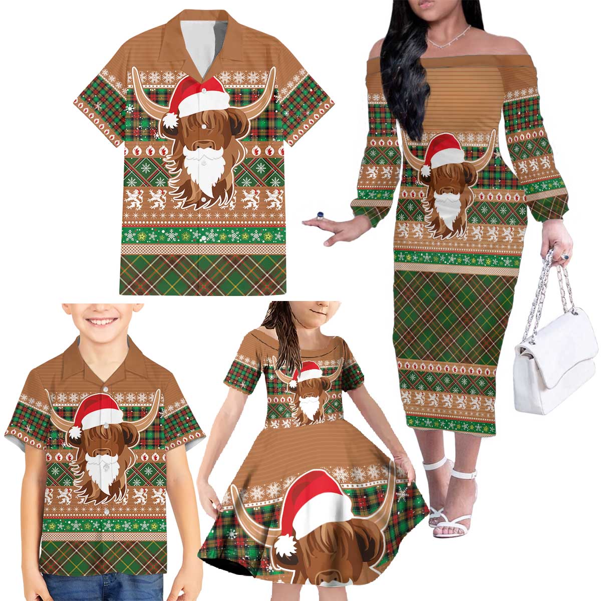 Scottish Christmas Family Matching Off The Shoulder Long Sleeve Dress and Hawaiian Shirt Highland Cattle-Xmas Tartan Stripes Style Brown Color - Wonder Print Shop