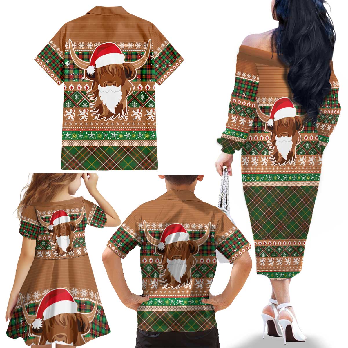 Scottish Christmas Family Matching Off The Shoulder Long Sleeve Dress and Hawaiian Shirt Highland Cattle-Xmas Tartan Stripes Style Brown Color - Wonder Print Shop
