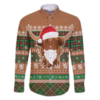 Scottish Christmas Family Matching Off The Shoulder Long Sleeve Dress and Hawaiian Shirt Highland Cattle-Xmas Tartan Stripes Style Brown Color - Wonder Print Shop