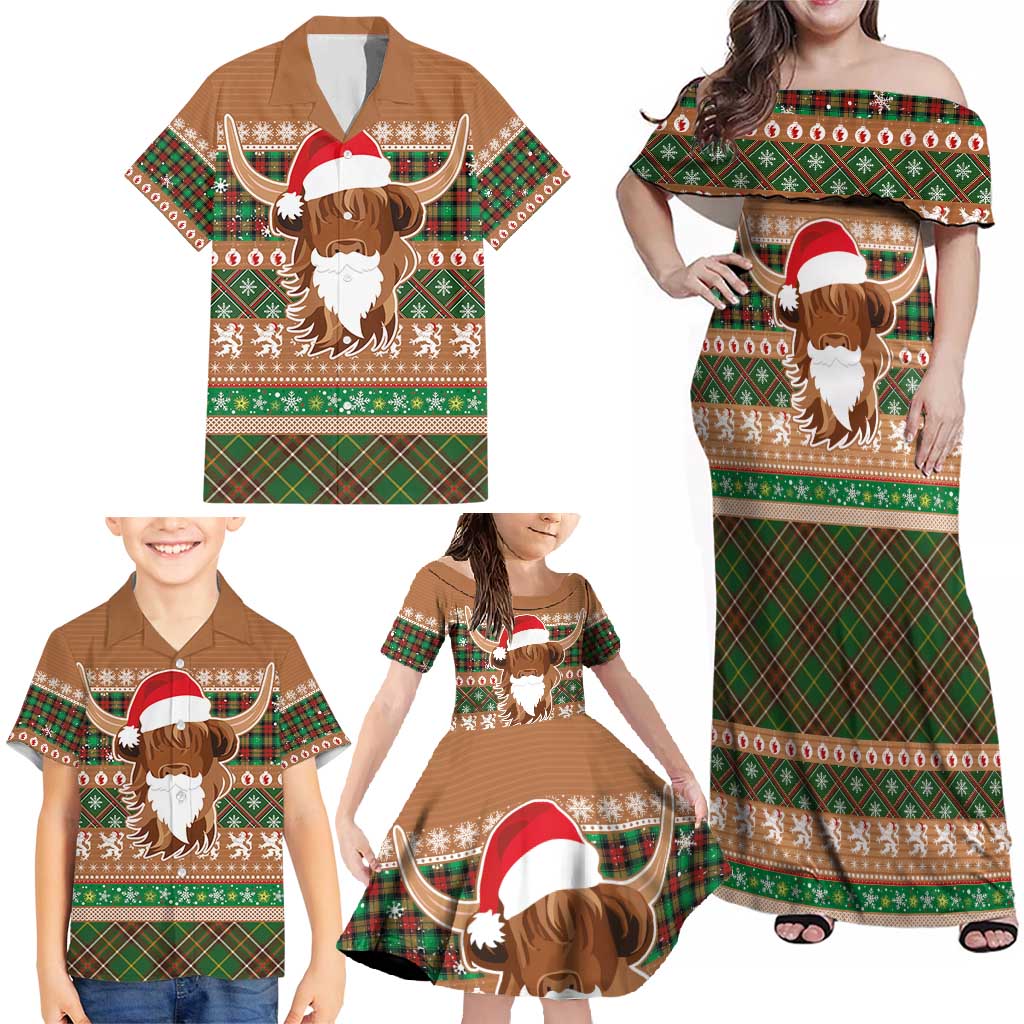 Scottish Christmas Family Matching Off Shoulder Maxi Dress and Hawaiian Shirt Highland Cattle-Xmas Tartan Stripes Style Brown Color - Wonder Print Shop