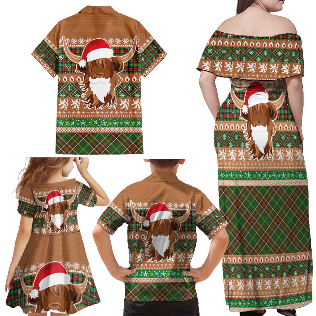 Scottish Christmas Family Matching Off Shoulder Maxi Dress and Hawaiian Shirt Highland Cattle-Xmas Tartan Stripes Style Brown Color - Wonder Print Shop