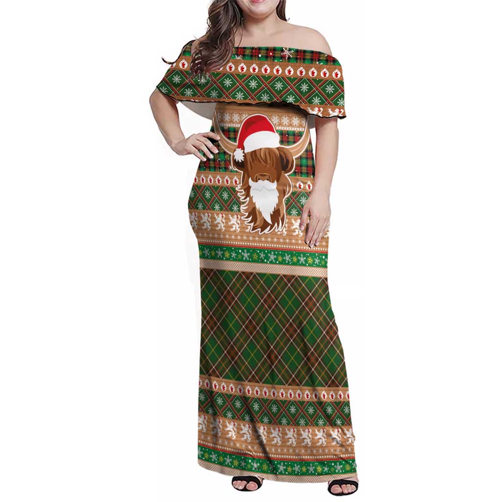 Scottish Christmas Family Matching Off Shoulder Maxi Dress and Hawaiian Shirt Highland Cattle-Xmas Tartan Stripes Style Brown Color - Wonder Print Shop