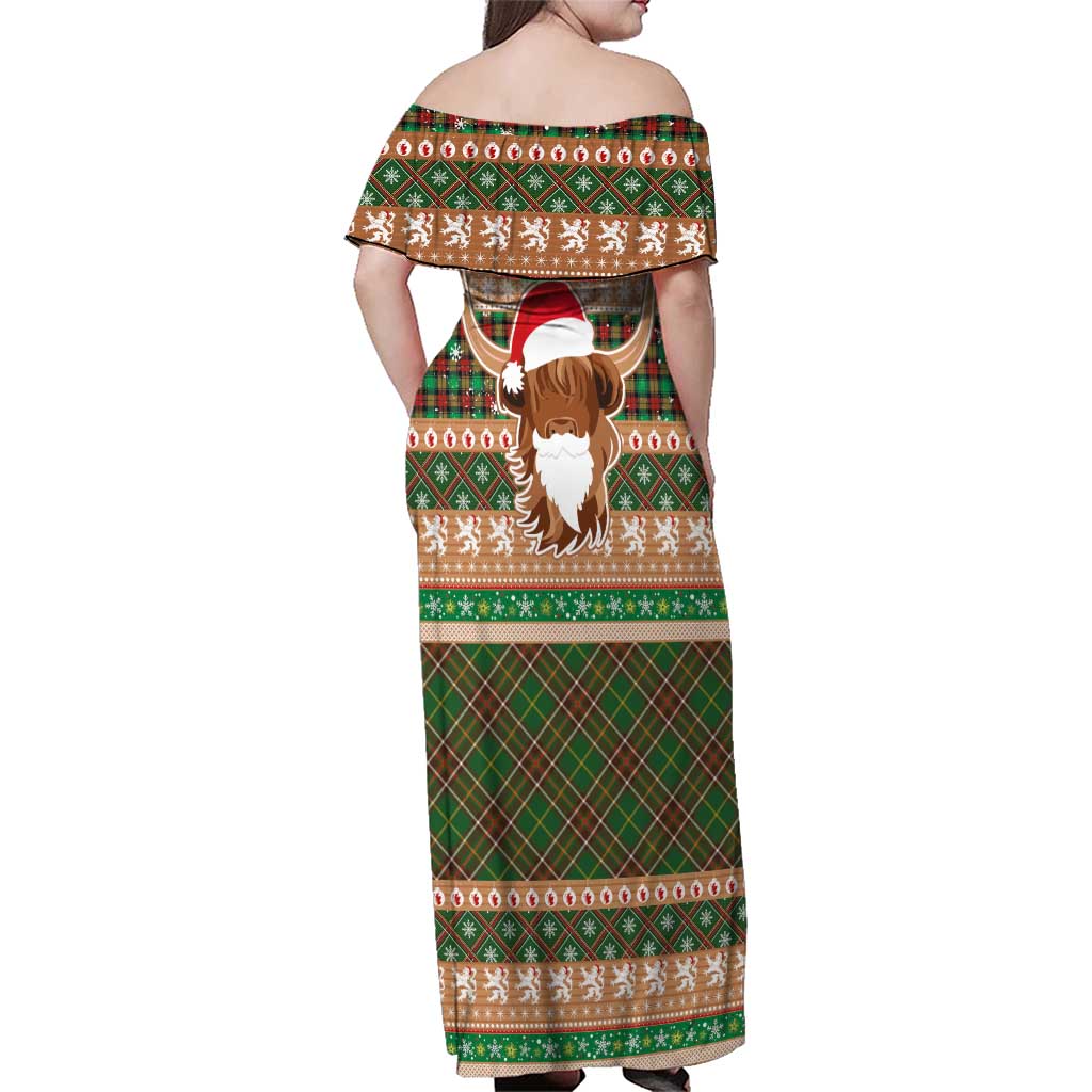 Scottish Christmas Family Matching Off Shoulder Maxi Dress and Hawaiian Shirt Highland Cattle-Xmas Tartan Stripes Style Brown Color - Wonder Print Shop