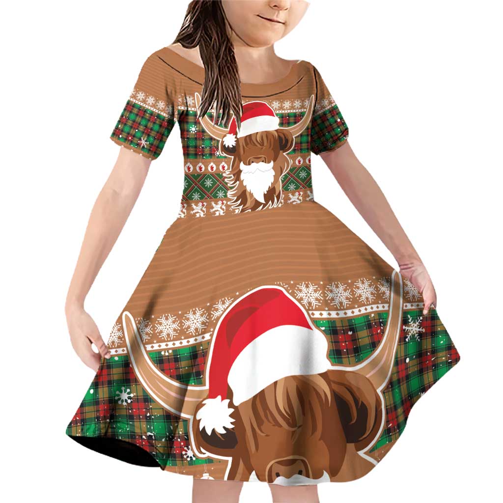 Scottish Christmas Family Matching Off Shoulder Short Dress and Hawaiian Shirt Highland Cattle-Xmas Tartan Stripes Style Brown Color - Wonder Print Shop