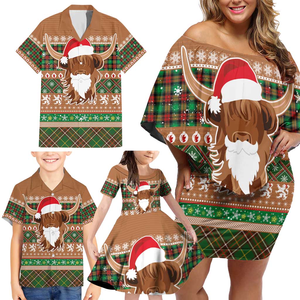 Scottish Christmas Family Matching Off Shoulder Short Dress and Hawaiian Shirt Highland Cattle-Xmas Tartan Stripes Style Brown Color - Wonder Print Shop