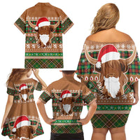 Scottish Christmas Family Matching Off Shoulder Short Dress and Hawaiian Shirt Highland Cattle-Xmas Tartan Stripes Style Brown Color - Wonder Print Shop