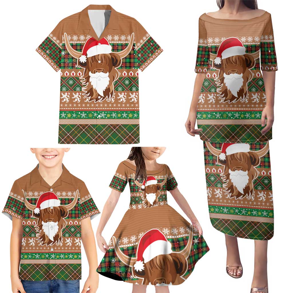 Scottish Christmas Family Matching Puletasi and Hawaiian Shirt Highland Cattle-Xmas Tartan Stripes Style Brown Color - Wonder Print Shop