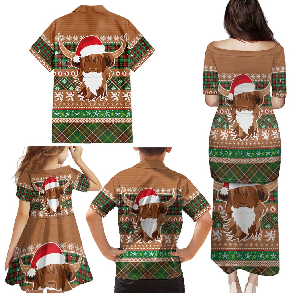 Scottish Christmas Family Matching Puletasi and Hawaiian Shirt Highland Cattle-Xmas Tartan Stripes Style Brown Color - Wonder Print Shop