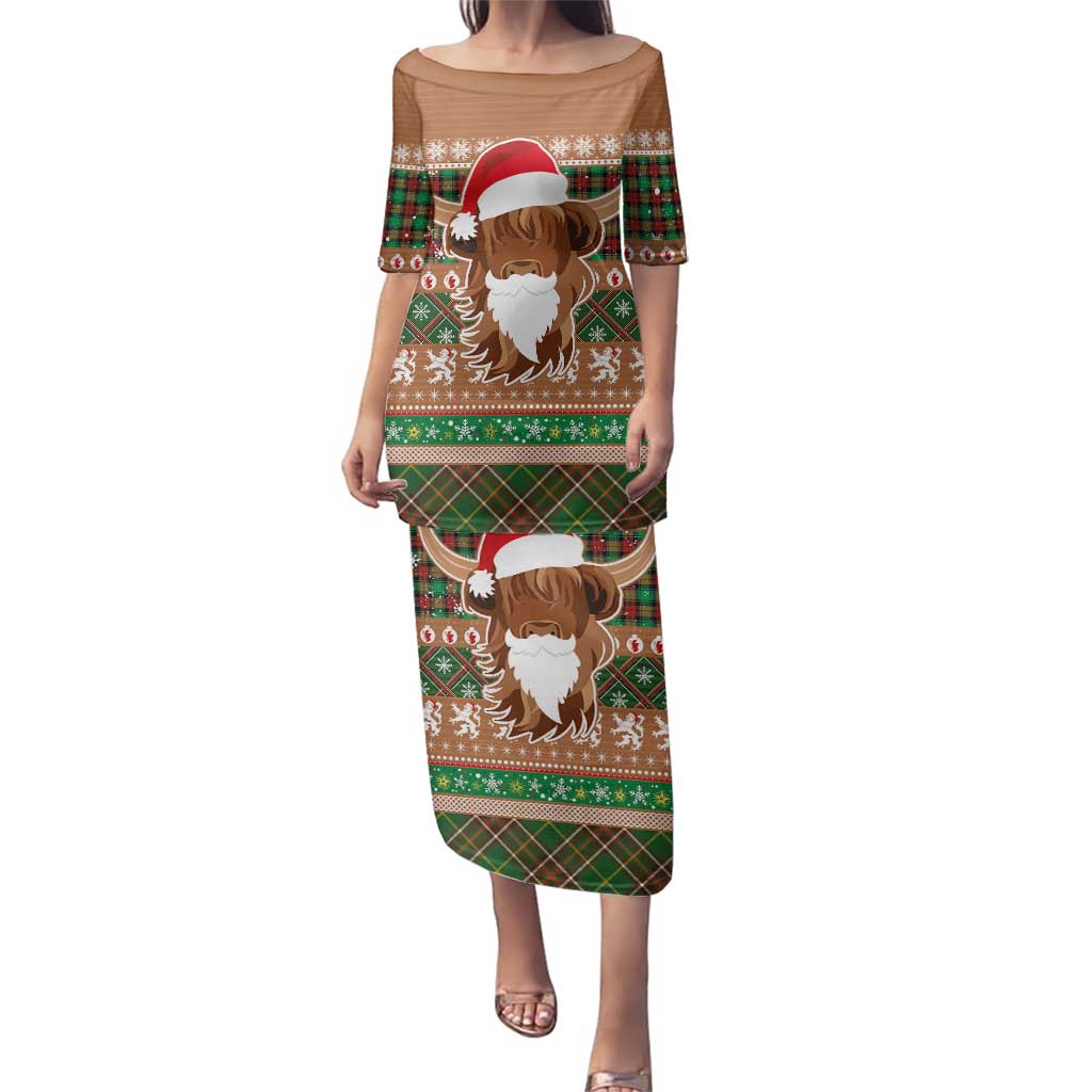 Scottish Christmas Family Matching Puletasi and Hawaiian Shirt Highland Cattle-Xmas Tartan Stripes Style Brown Color - Wonder Print Shop