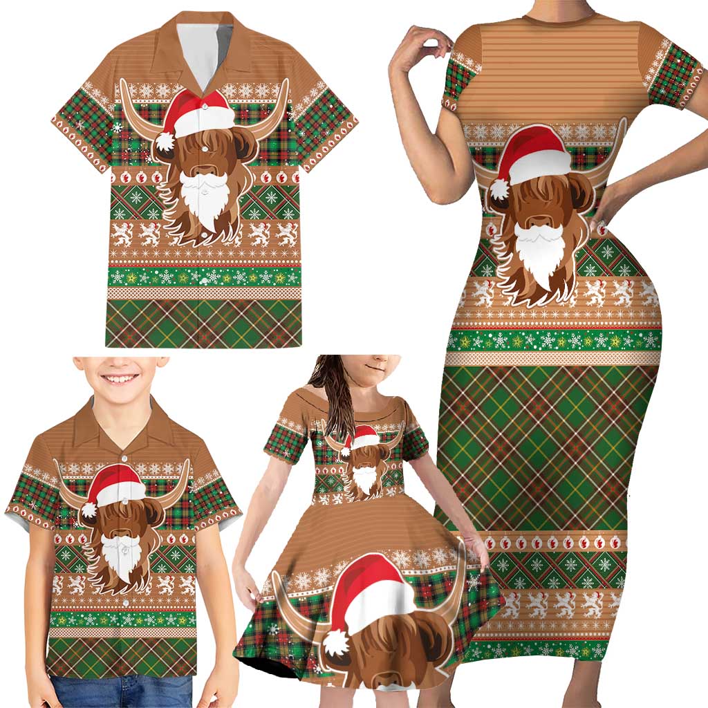 Scottish Christmas Family Matching Short Sleeve Bodycon Dress and Hawaiian Shirt Highland Cattle-Xmas Tartan Stripes Style Brown Color - Wonder Print Shop