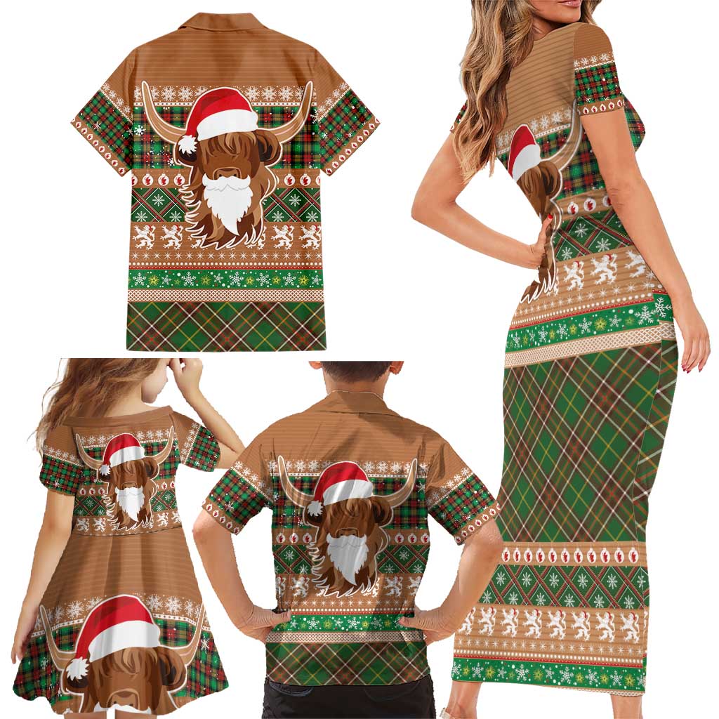 Scottish Christmas Family Matching Short Sleeve Bodycon Dress and Hawaiian Shirt Highland Cattle-Xmas Tartan Stripes Style Brown Color - Wonder Print Shop