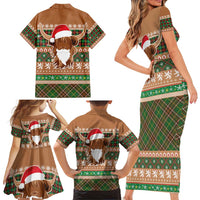 Scottish Christmas Family Matching Short Sleeve Bodycon Dress and Hawaiian Shirt Highland Cattle-Xmas Tartan Stripes Style Brown Color - Wonder Print Shop