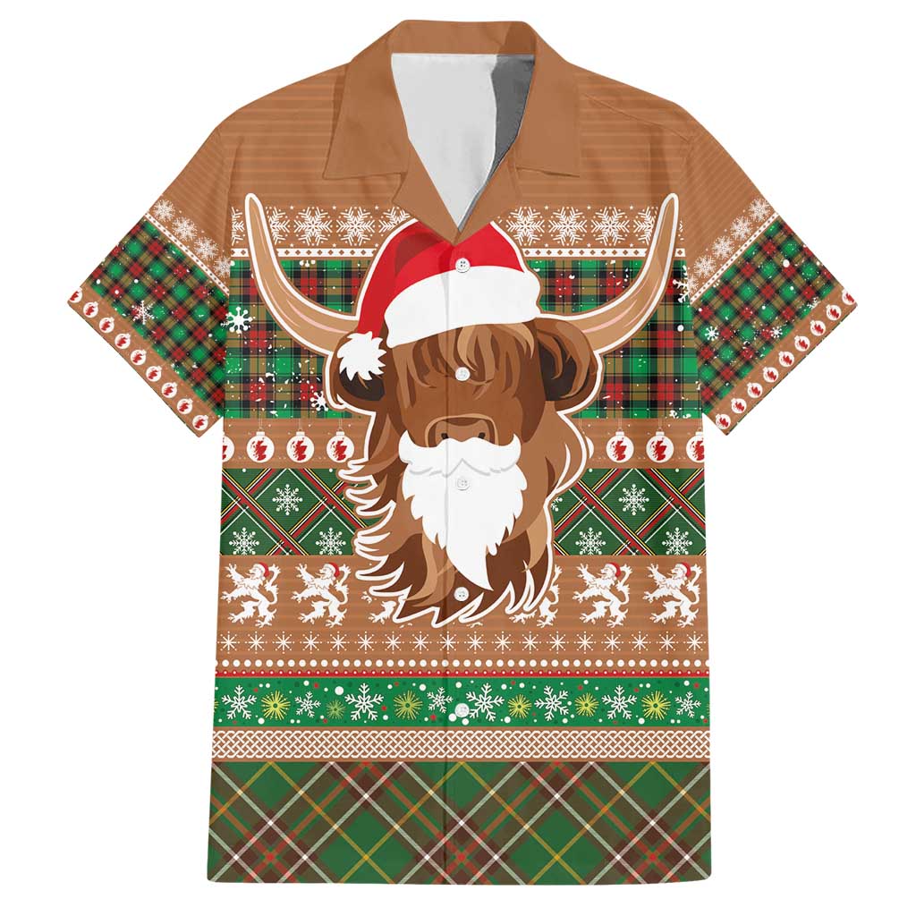 Scottish Christmas Family Matching Short Sleeve Bodycon Dress and Hawaiian Shirt Highland Cattle-Xmas Tartan Stripes Style Brown Color - Wonder Print Shop