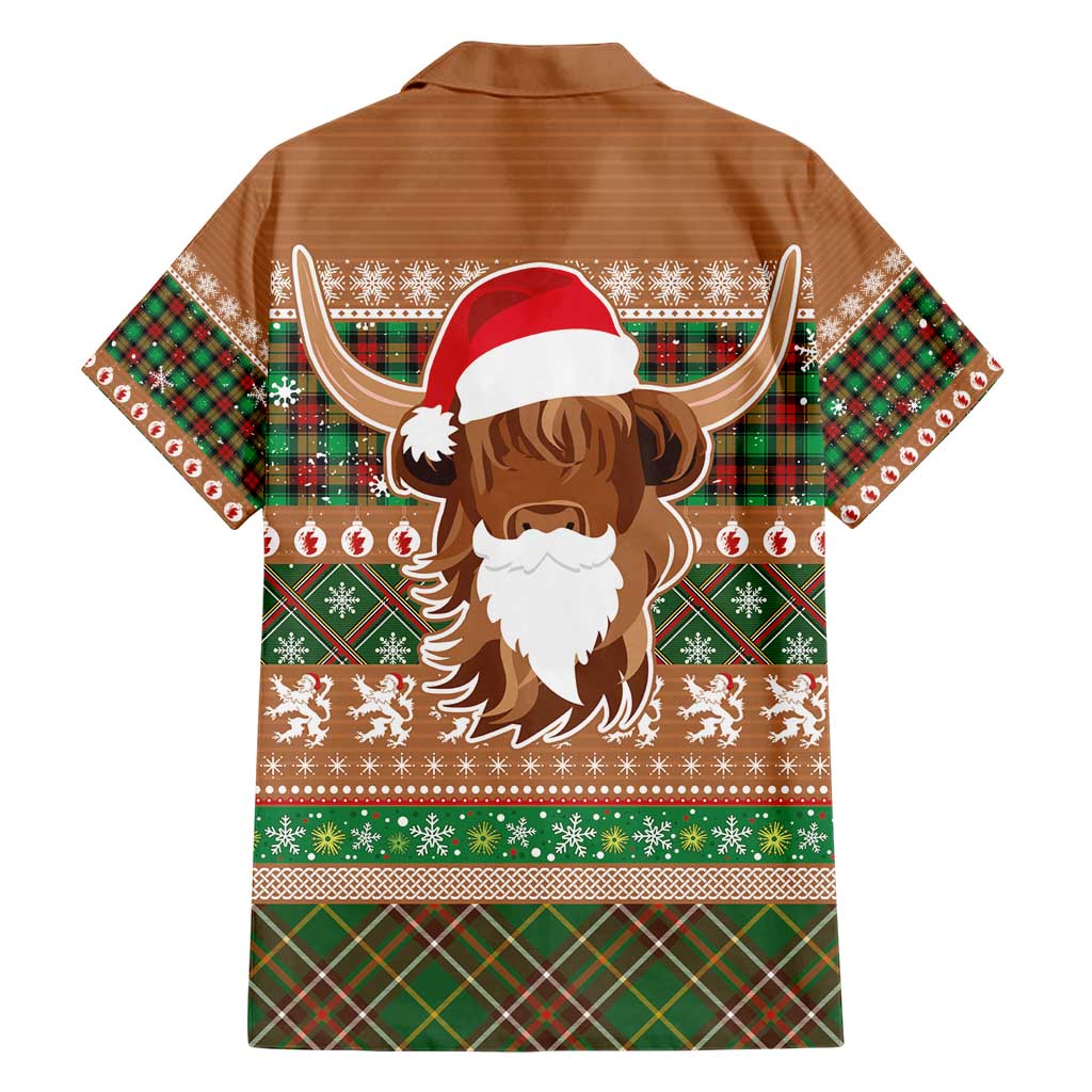 Scottish Christmas Family Matching Short Sleeve Bodycon Dress and Hawaiian Shirt Highland Cattle-Xmas Tartan Stripes Style Brown Color - Wonder Print Shop