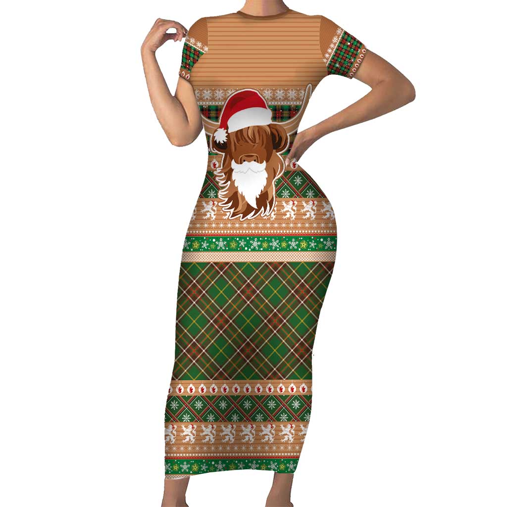 Scottish Christmas Family Matching Short Sleeve Bodycon Dress and Hawaiian Shirt Highland Cattle-Xmas Tartan Stripes Style Brown Color - Wonder Print Shop
