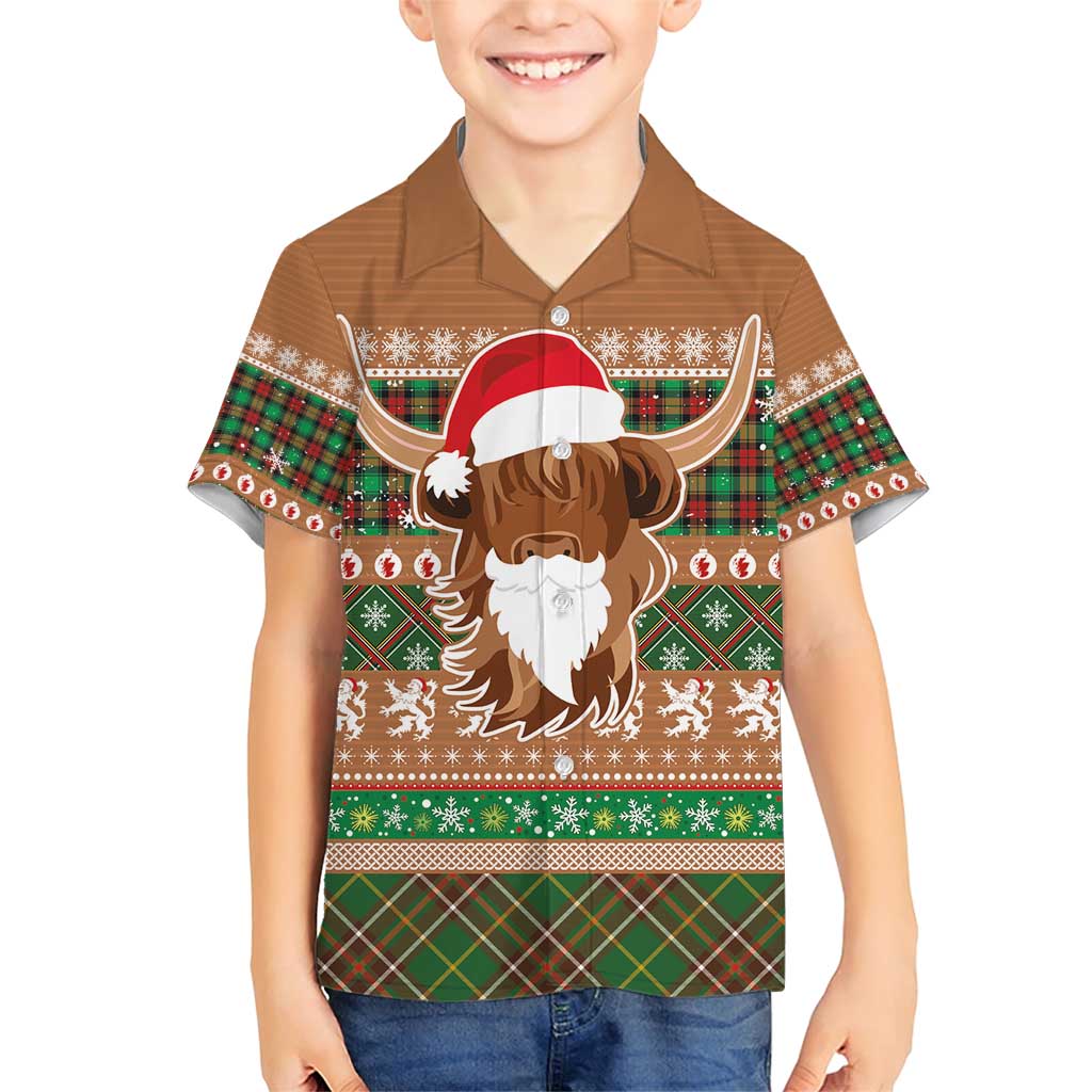Scottish Christmas Family Matching Short Sleeve Bodycon Dress and Hawaiian Shirt Highland Cattle-Xmas Tartan Stripes Style Brown Color - Wonder Print Shop