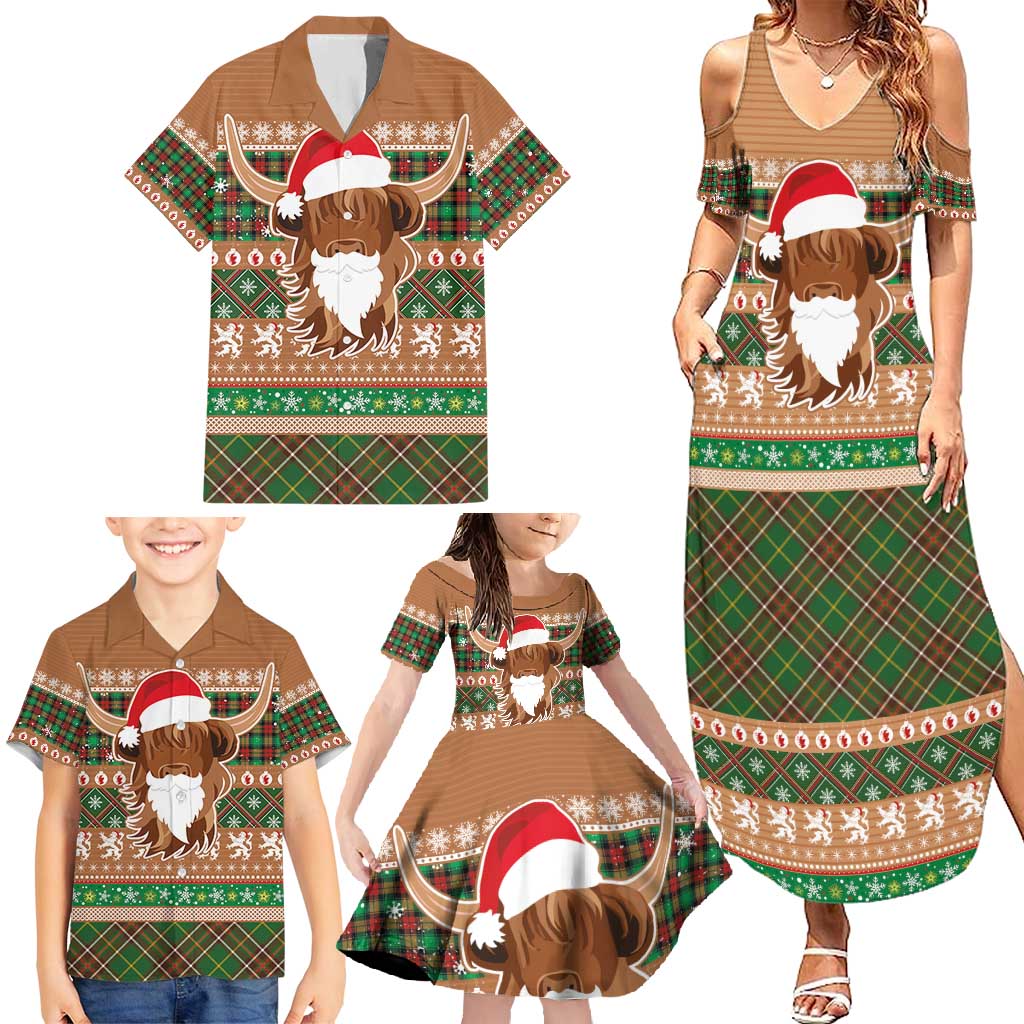 Scottish Christmas Family Matching Summer Maxi Dress and Hawaiian Shirt Highland Cattle-Xmas Tartan Stripes Style Brown Color - Wonder Print Shop