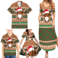 Scottish Christmas Family Matching Summer Maxi Dress and Hawaiian Shirt Highland Cattle-Xmas Tartan Stripes Style Brown Color - Wonder Print Shop