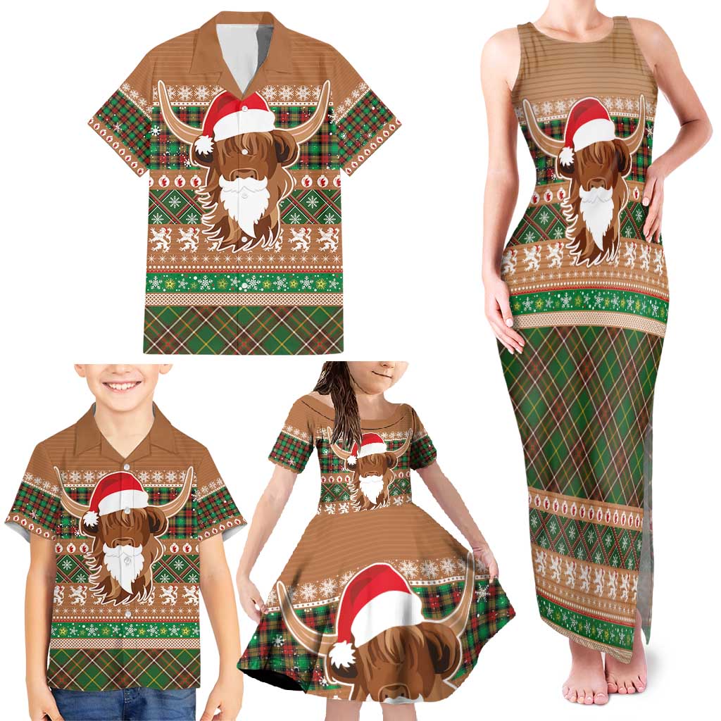 Scottish Christmas Family Matching Tank Maxi Dress and Hawaiian Shirt Highland Cattle-Xmas Tartan Stripes Style Brown Color - Wonder Print Shop