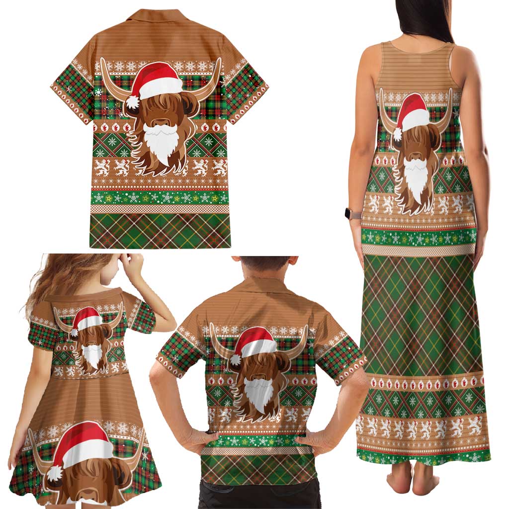 Scottish Christmas Family Matching Tank Maxi Dress and Hawaiian Shirt Highland Cattle-Xmas Tartan Stripes Style Brown Color - Wonder Print Shop