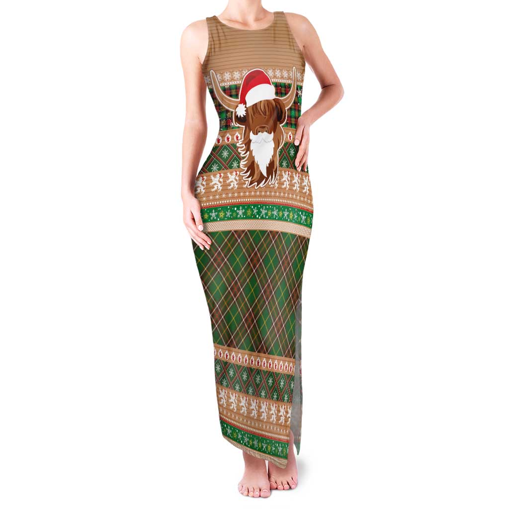 Scottish Christmas Family Matching Tank Maxi Dress and Hawaiian Shirt Highland Cattle-Xmas Tartan Stripes Style Brown Color - Wonder Print Shop