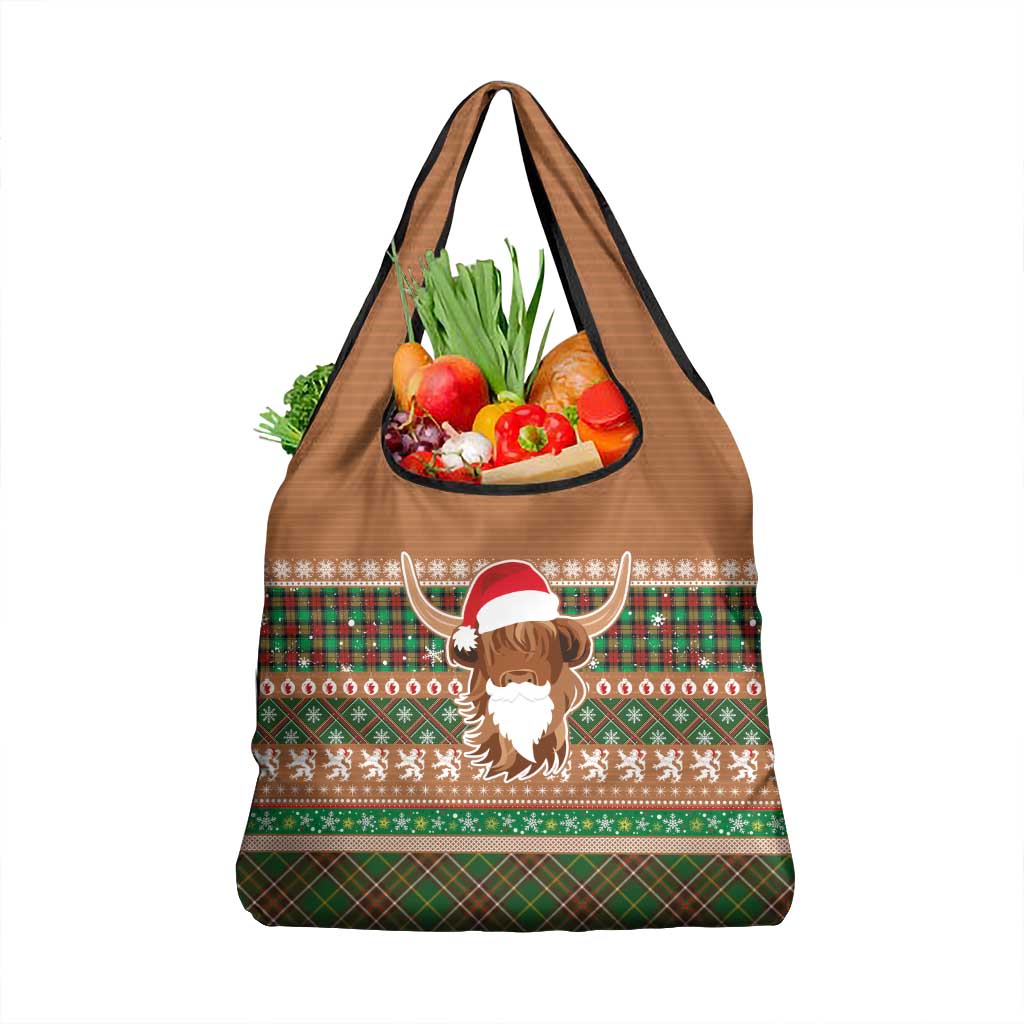 Scottish Christmas Grocery Bag Highland Cattle-Xmas Tartan Stripes Style Brown Color - Wonder Print Shop