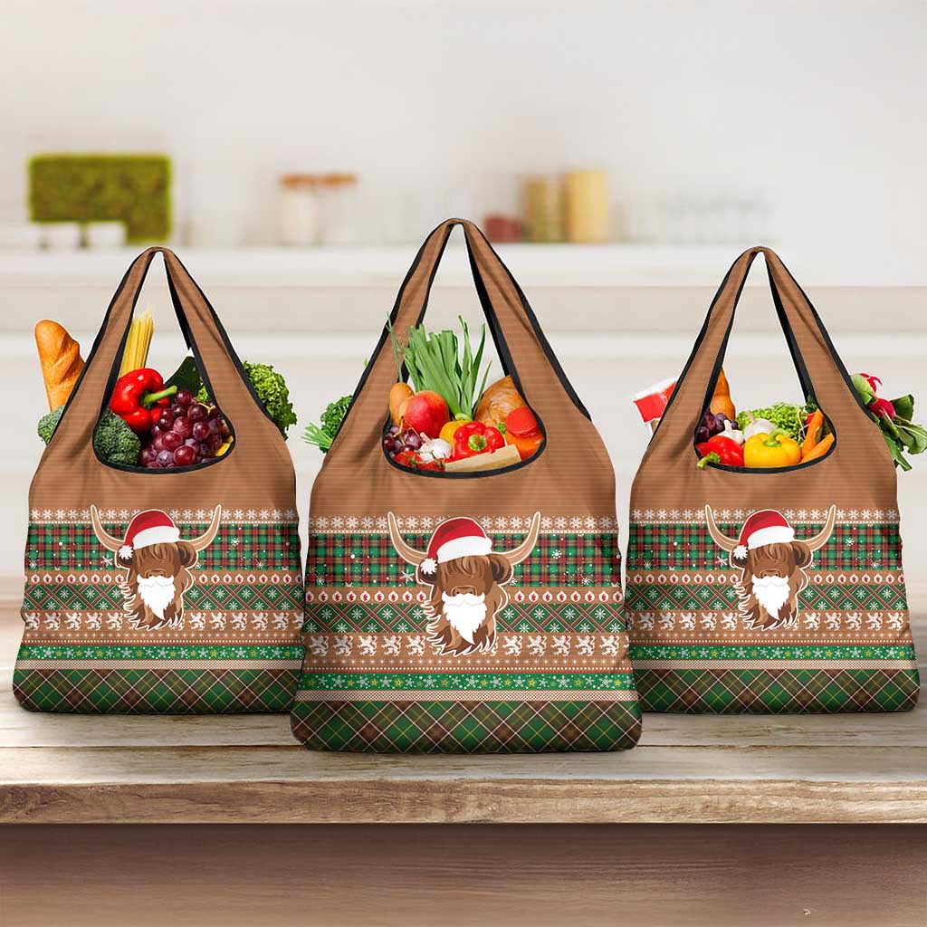 Scottish Christmas Grocery Bag Highland Cattle-Xmas Tartan Stripes Style Brown Color - Wonder Print Shop